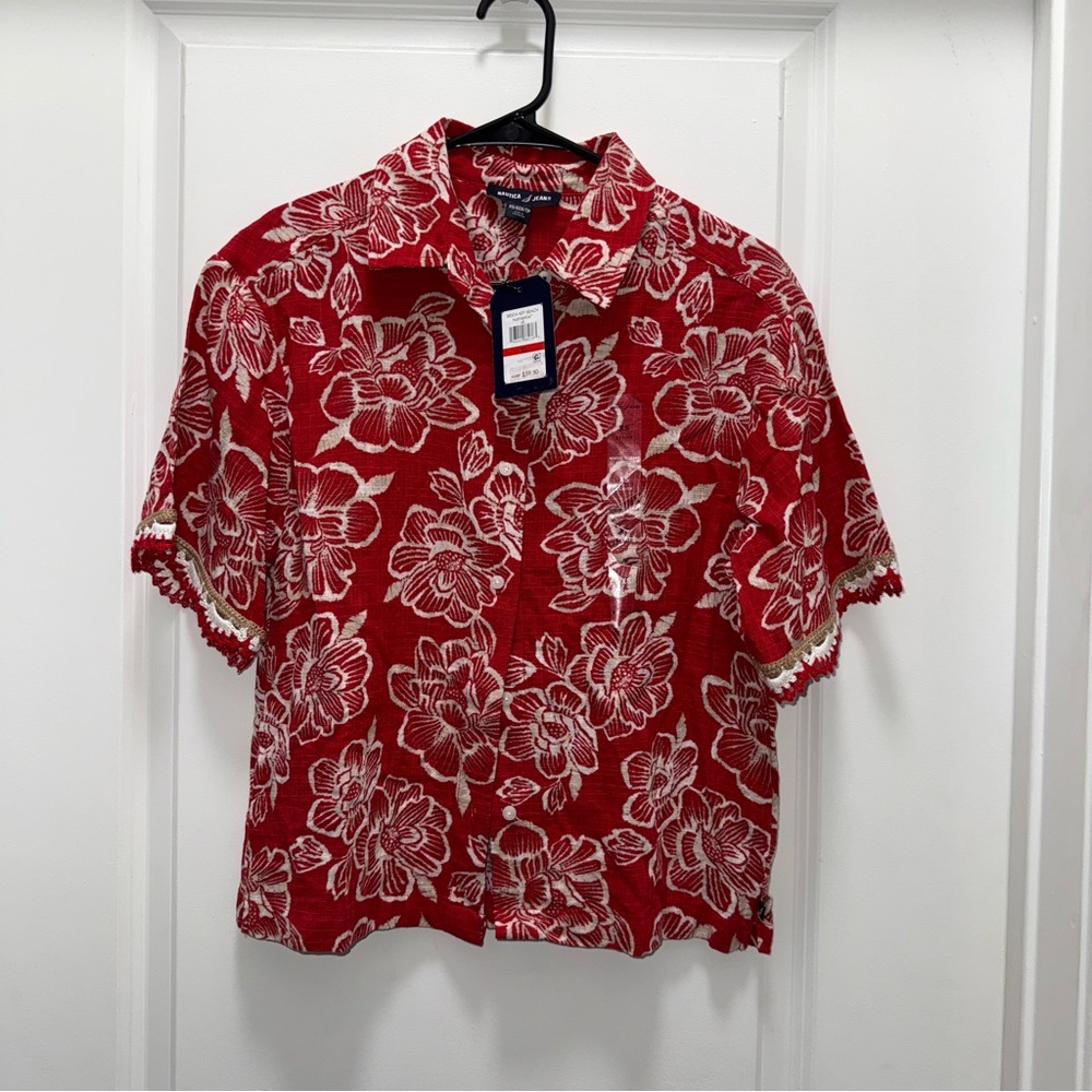 NWT Nautica Jeans Button Front Crochet Sleeve Hawaiian Shirt